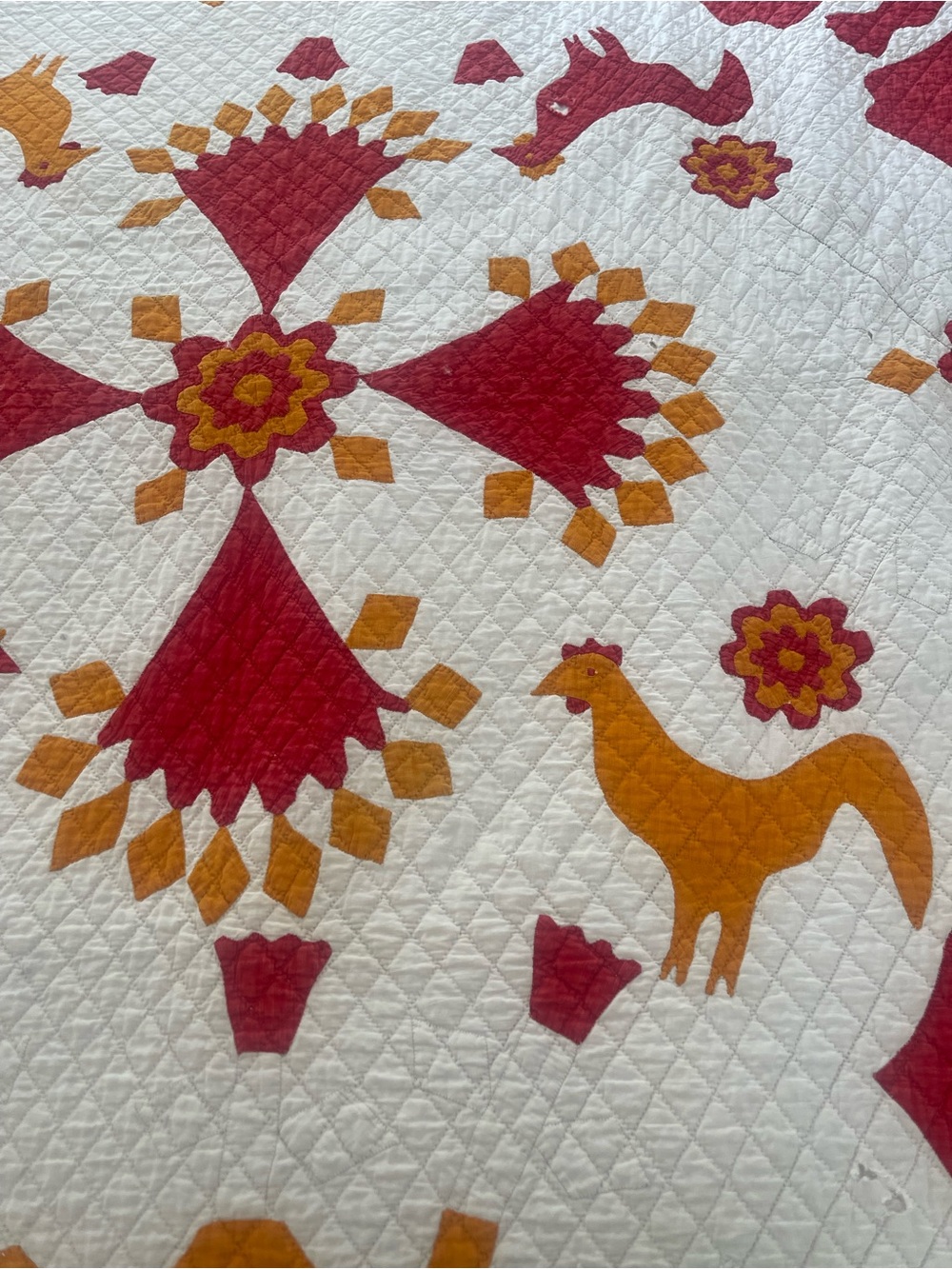 Red & Gold chicken Floral Quilt - Classic White Background